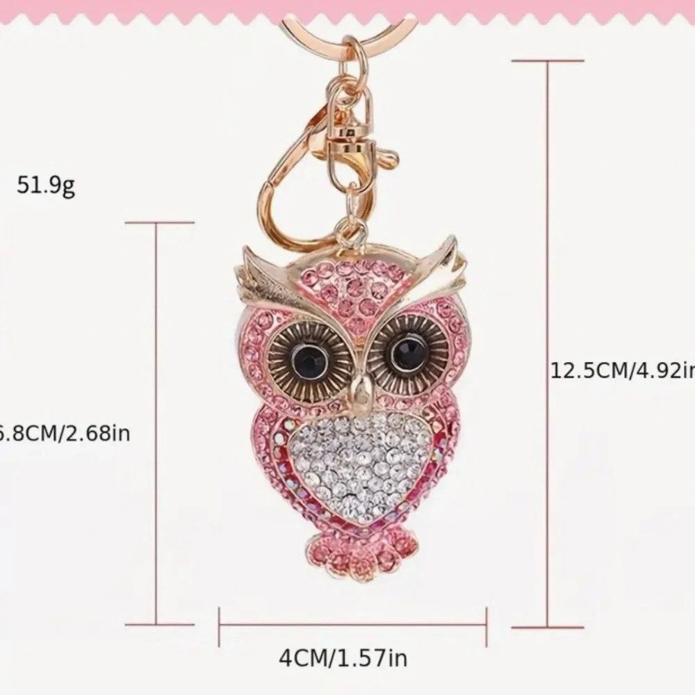 Metal Owl Keychain, Clear Rhinestone Backpack Accessory Pendant, Keychain